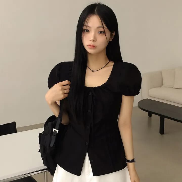 있음 선적 chic 허리 수축 슬림해 보이는 펌프 로프 디자인 작은 셔츠 이미지 2