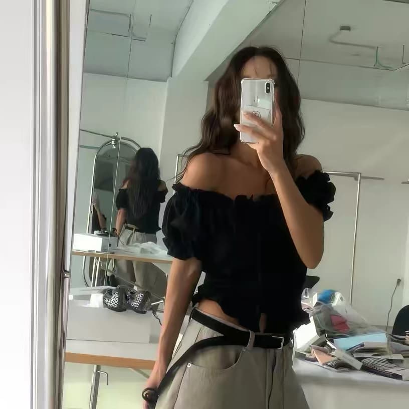 있음 선적 chic 패션 달콤함 자수 레이스업 허리 수축 주름 반팔 여성 셔츠 이미지 2