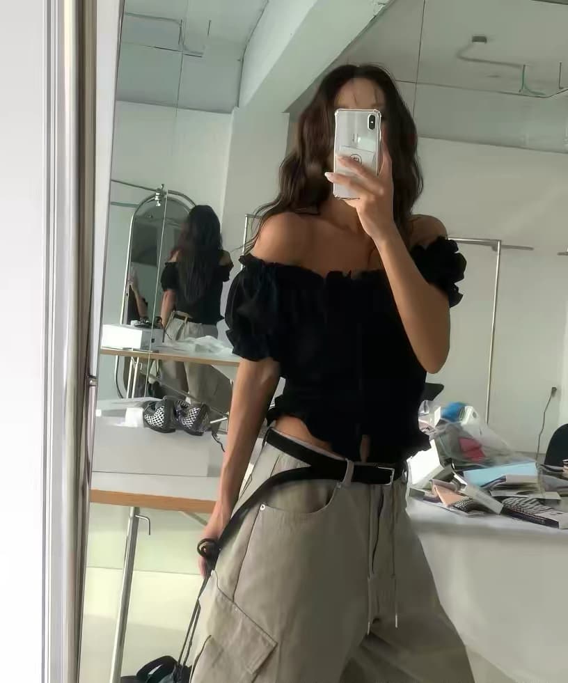 있음 선적 chic 패션 달콤함 자수 레이스업 허리 수축 주름 반팔 여성 셔츠 상세 이미지 12