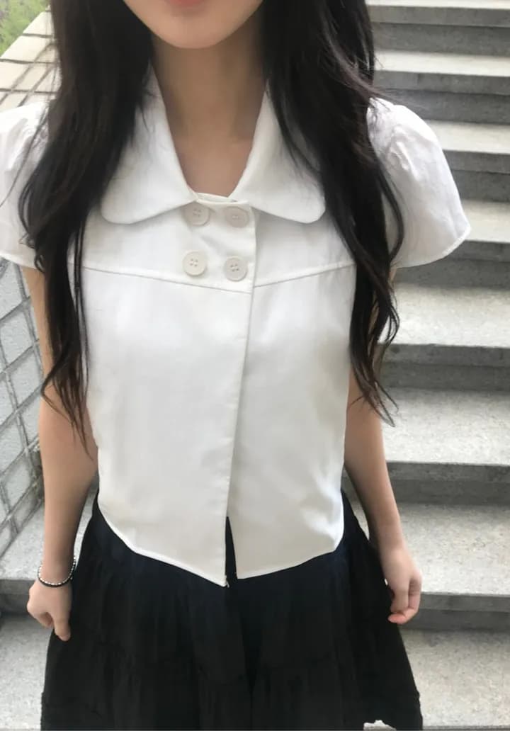 있음 선적 ins 보 주님 섹션 소녀 센스 레트로 베이비 칼라 캐주얼 반팔 셔츠 이미지 2