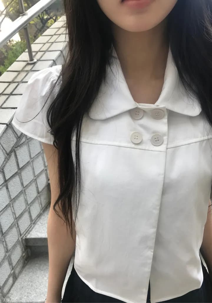 있음 선적 ins 보 주님 섹션 소녀 센스 레트로 베이비 칼라 캐주얼 반팔 셔츠 상세 이미지 3
