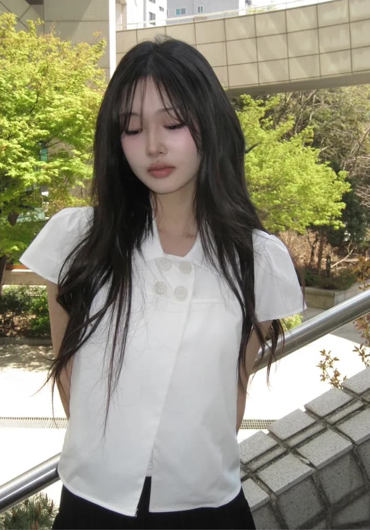 있음 선적 ins 보 주님 섹션 소녀 센스 레트로 베이비 칼라 캐주얼 반팔 셔츠 상세 이미지 16