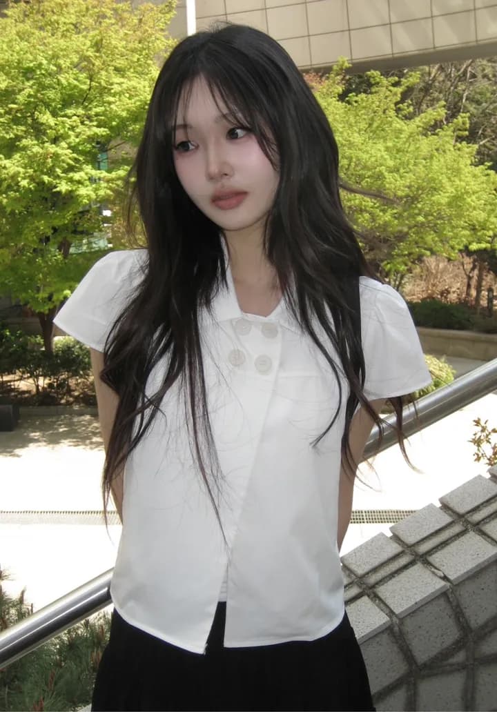 있음 선적 ins 보 주님 섹션 소녀 센스 레트로 베이비 칼라 캐주얼 반팔 셔츠 상세 이미지 22