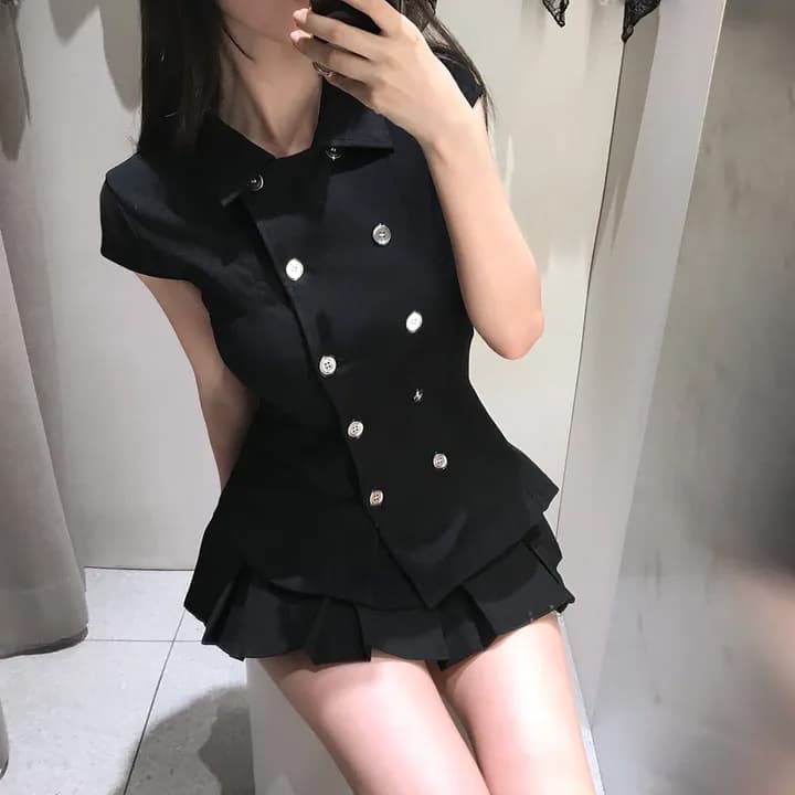 chic 고급 미니멀리즘 검정색 몸매 가꾸기 셔츠 상세 이미지 4