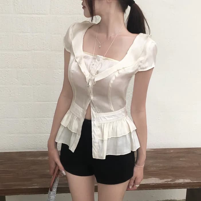 광장 칼라 프릴 스트랩 나비 매듭 허리 품격 다용도 셔츠 맨위 이미지 2