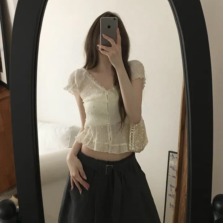 있음 선적 chic 달콤함 품격 주름 레이스 레이스 V넥 거품 소매 프릴 셔츠 상세 이미지 1