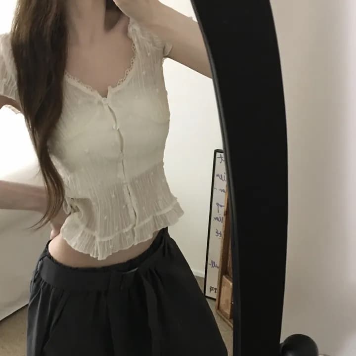 있음 선적 chic 달콤함 품격 주름 레이스 레이스 V넥 거품 소매 프릴 셔츠 상세 이미지 3