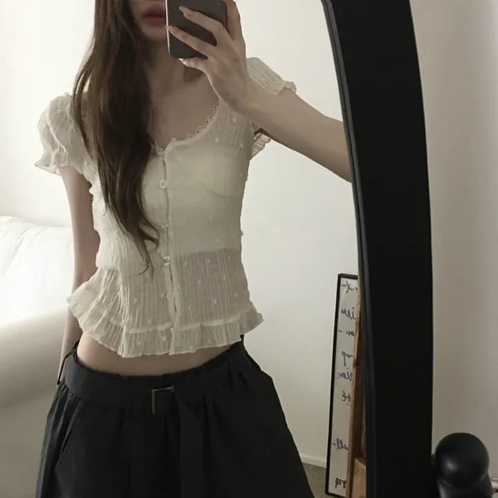 있음 선적 chic 달콤함 품격 주름 레이스 레이스 V넥 거품 소매 프릴 셔츠 상세 이미지 4