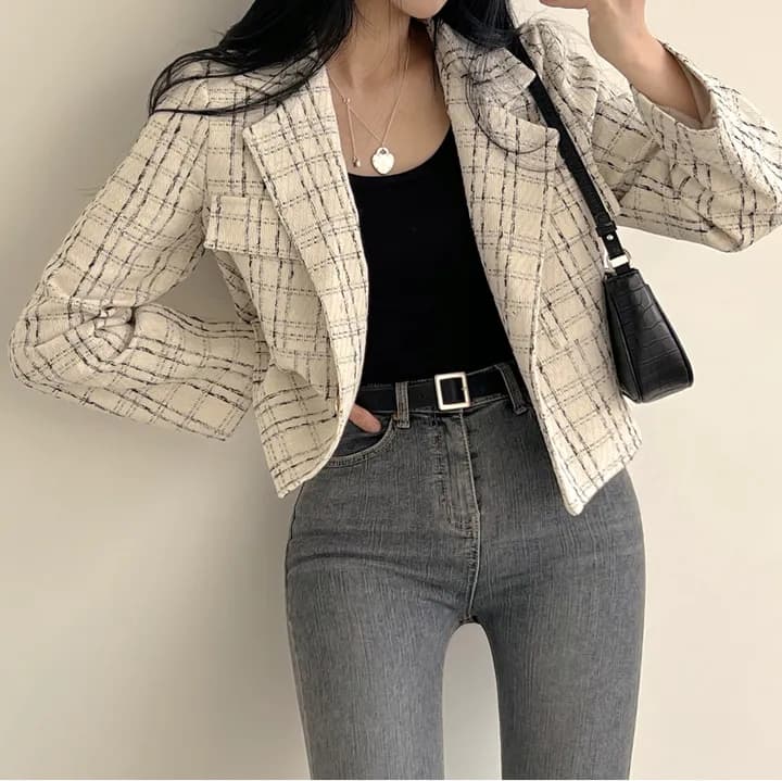 한국 chic 폴로 칼라 체크무늬 트위드 작은 샤넬 스타일 짧은 다용도 긴팔 여성 코트 이미지 3