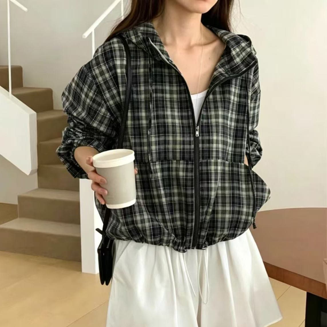 있음 선적 chic 패션 쇼트 스타일 스탠드 칼라 체크무늬 여성 코트 이미지 2