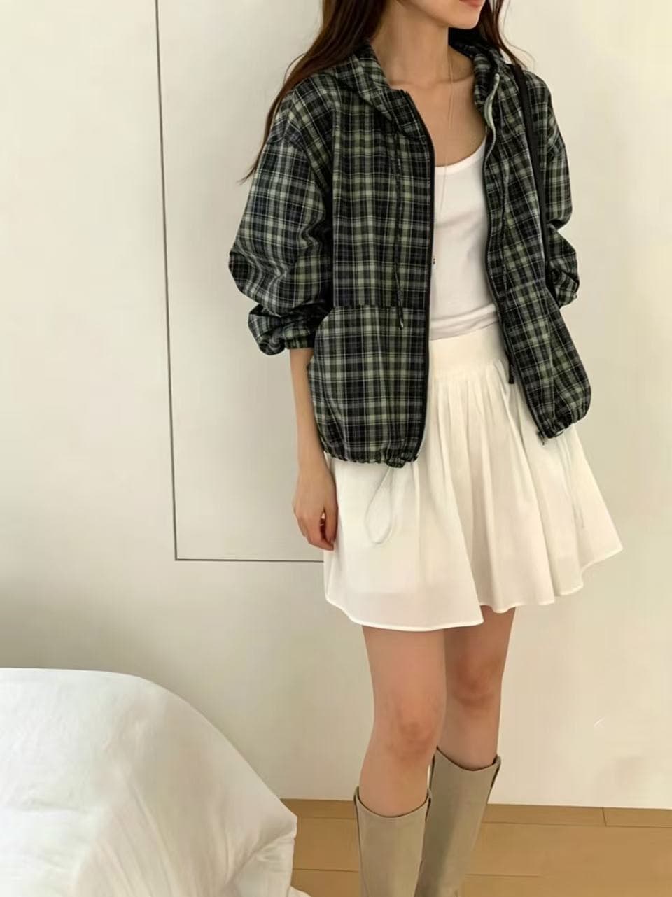 있음 선적 chic 패션 쇼트 스타일 스탠드 칼라 체크무늬 여성 코트 상세 이미지 8