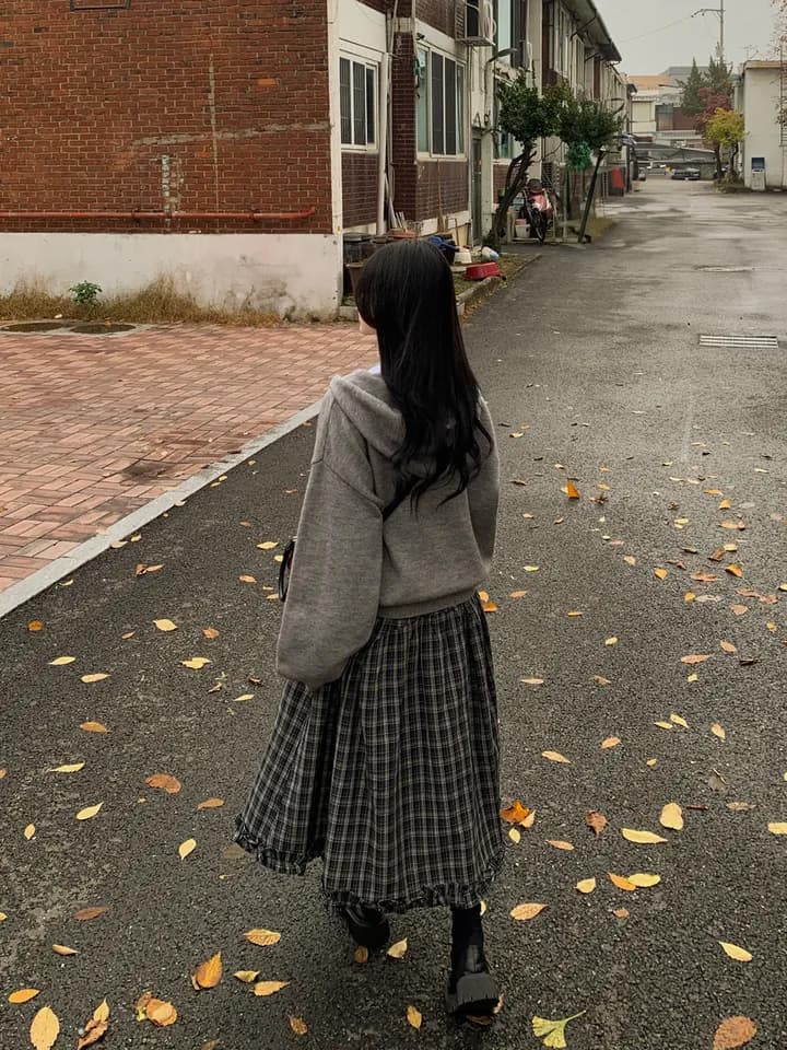 chic 단순한 다용도 체크무늬 반신 스커트 이미지 2