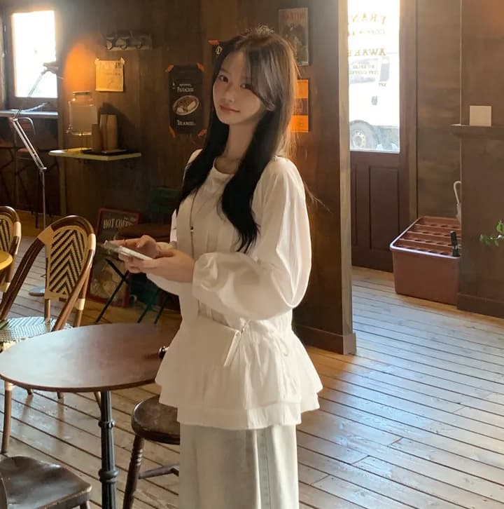 있음 선적 chic 패션 허리 수축 펌프 로프 프릴 긴팔 셔츠