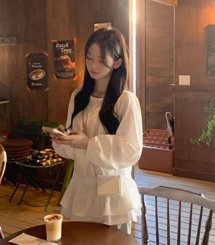 있음 선적 chic 패션 허리 수축 펌프 로프 프릴 긴팔 셔츠 상세 이미지 4