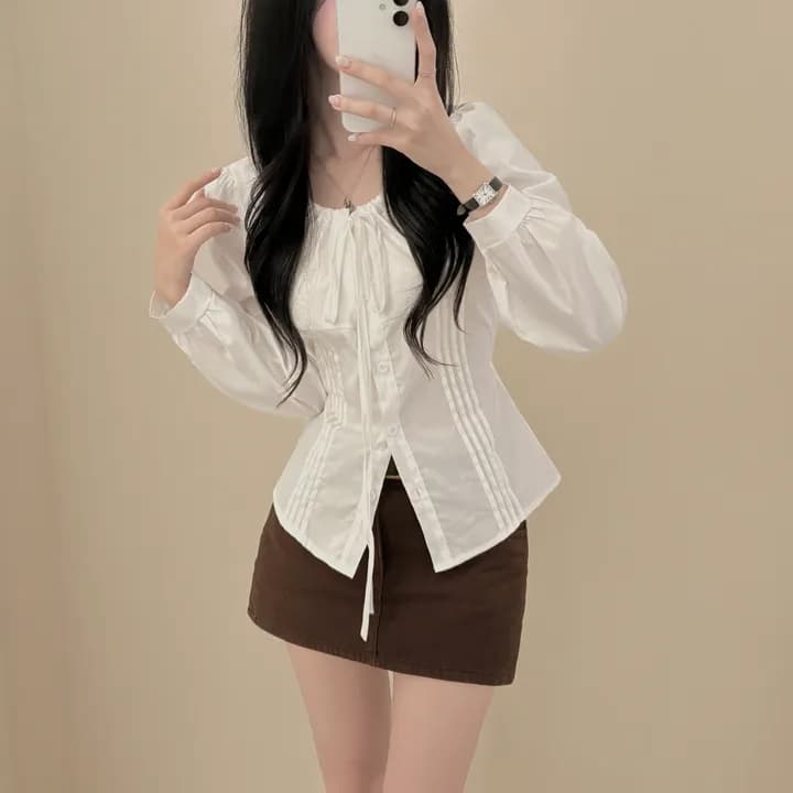 있음 선적 chic 패션 레이스업 허리 수축 슬림해 보이는 긴팔 셔츠