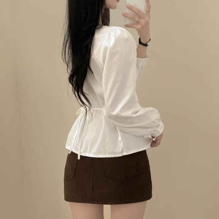 있음 선적 chic 패션 레이스업 허리 수축 슬림해 보이는 긴팔 셔츠 상세 이미지 5