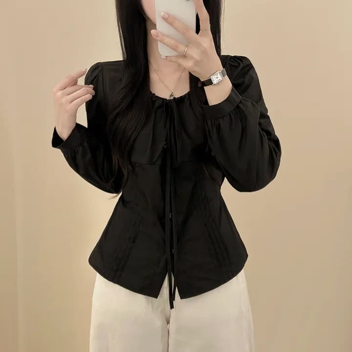 있음 선적 chic 패션 레이스업 허리 수축 슬림해 보이는 긴팔 셔츠 상세 이미지 8