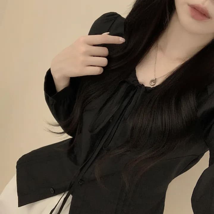 있음 선적 chic 패션 레이스업 허리 수축 슬림해 보이는 긴팔 셔츠 상세 이미지 10