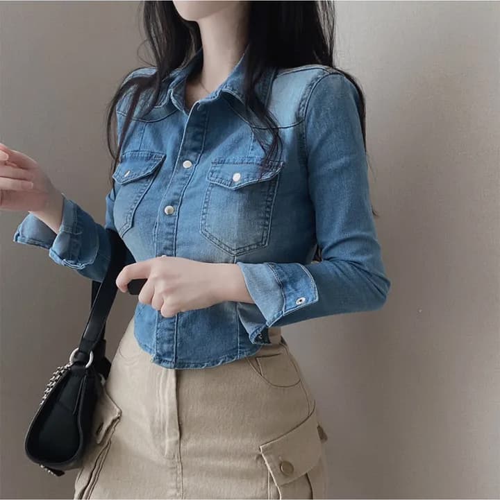 있음 선적 chic 쇼트 스타일 허리 수축 슬림해 보이는 마 오래된 슬림해 보이는 데님 재킷 이미지 3