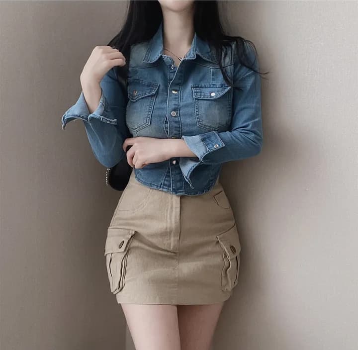 있음 선적 chic 쇼트 스타일 허리 수축 슬림해 보이는 마 오래된 슬림해 보이는 데님 재킷 상세 이미지 23