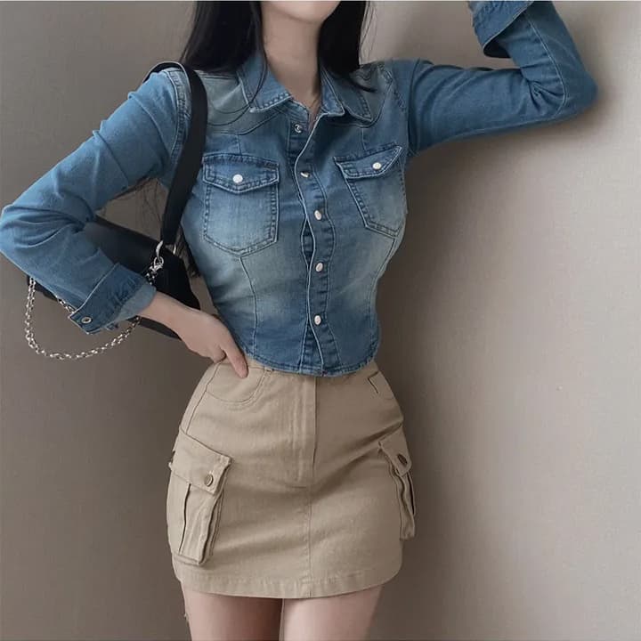 있음 선적 chic 쇼트 스타일 허리 수축 슬림해 보이는 마 오래된 슬림해 보이는 데님 재킷 상세 이미지 26