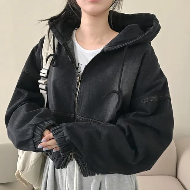 있음 선적 chic 쇼트 스타일 후드 지퍼 데님 재킷 이미지 4