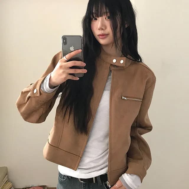 있음 선적 스탠드 칼라 쇼트 스타일 오토바이 재킷 재킷 이미지 2