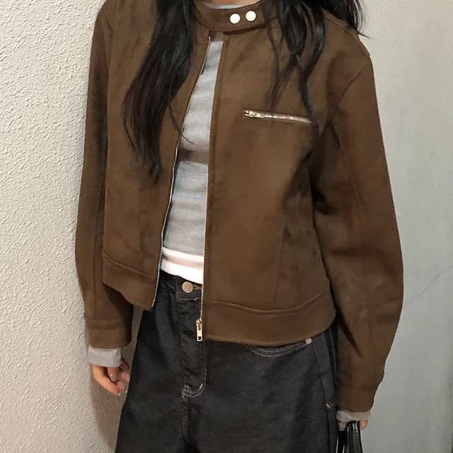 있음 선적 스탠드 칼라 쇼트 스타일 오토바이 재킷 재킷 이미지 3
