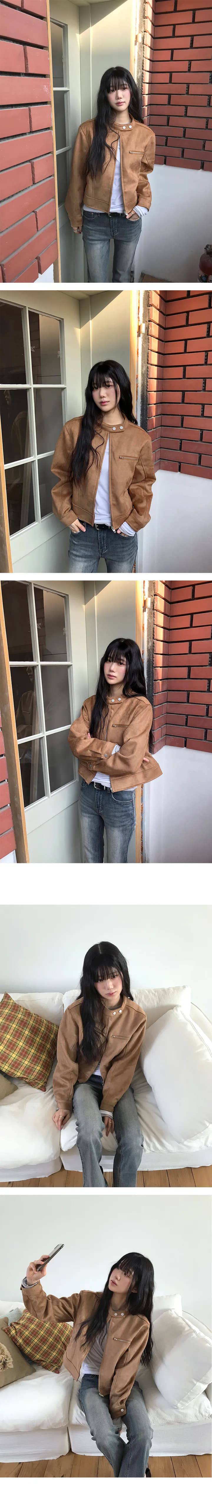 있음 선적 스탠드 칼라 쇼트 스타일 오토바이 재킷 재킷 상세 이미지 3
