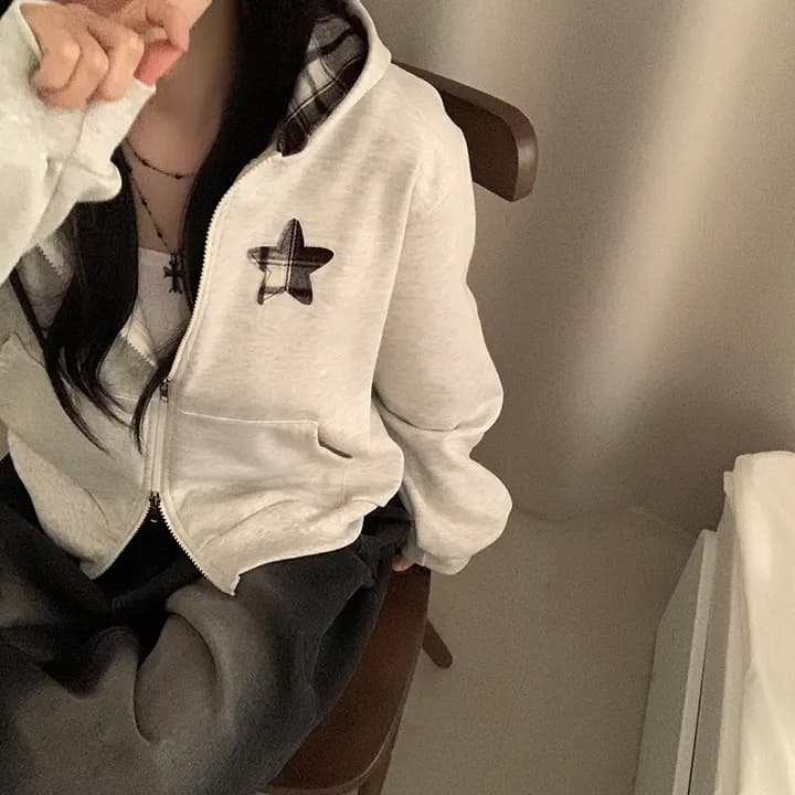 chic 패션 체크무늬 패치워크 배색 후드 티 스웨터