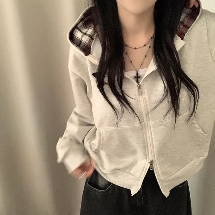 chic 패션 체크무늬 패치워크 배색 후드 티 스웨터 상세 이미지 1