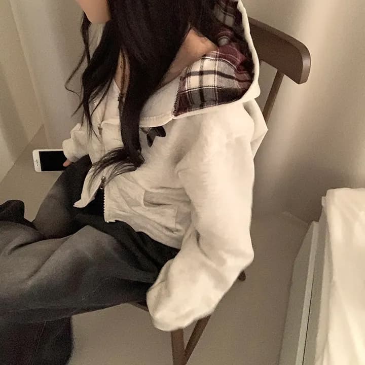 chic 패션 체크무늬 패치워크 배색 후드 티 스웨터 상세 이미지 4