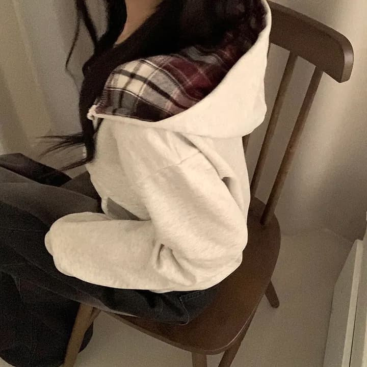 chic 패션 체크무늬 패치워크 배색 후드 티 스웨터 상세 이미지 5