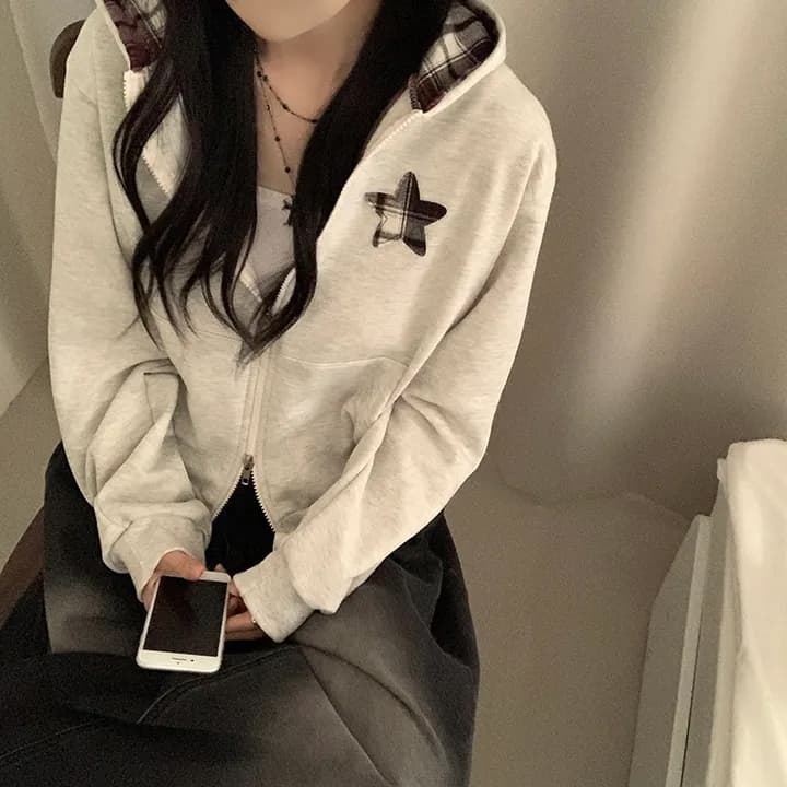 chic 패션 체크무늬 패치워크 배색 후드 티 스웨터 상세 이미지 6
