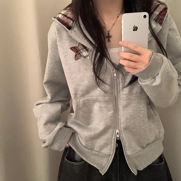 chic 패션 체크무늬 패치워크 배색 후드 티 스웨터 상세 이미지 9