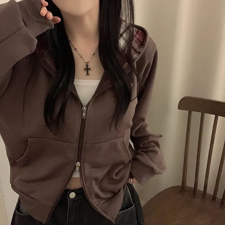 chic 패션 체크무늬 패치워크 배색 후드 티 스웨터 상세 이미지 18