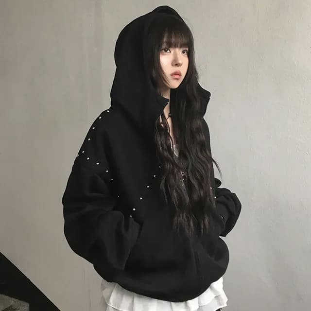chic 한국 스타일 개성 후드 루즈핏 징 긴팔 후드티 재킷 이미지 2