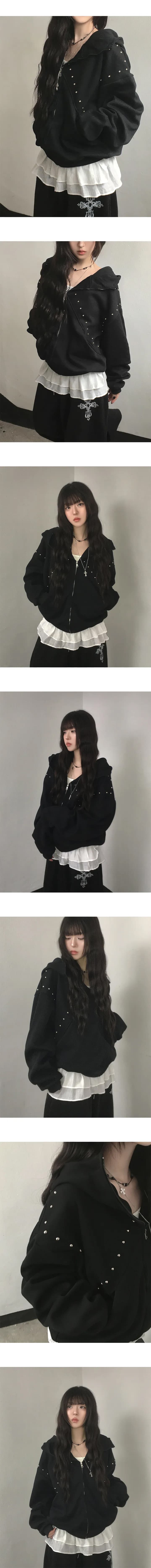 chic 한국 스타일 개성 후드 루즈핏 징 긴팔 후드티 재킷 상세 이미지 1