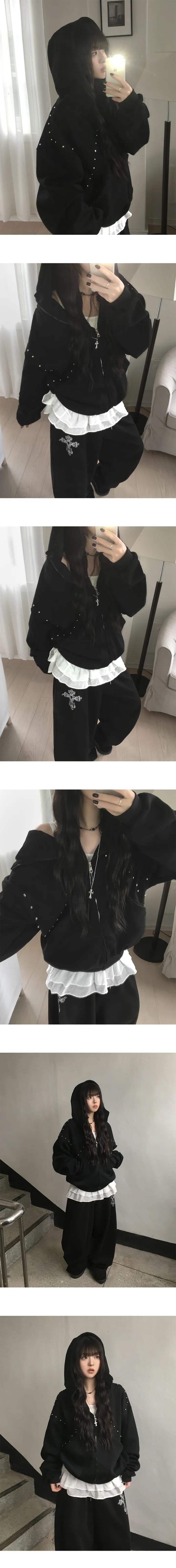 chic 한국 스타일 개성 후드 루즈핏 징 긴팔 후드티 재킷 상세 이미지 2