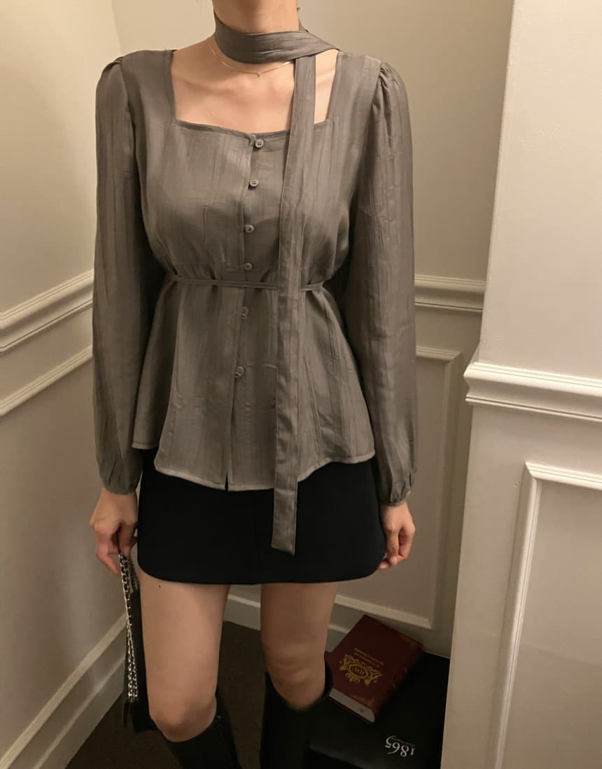 있음 선적 chic 한국 스타일 광장 칼라 싱글 줄 버튼 행침 목 리본 레이스업 긴팔 여성 셔츠 상세 이미지 10