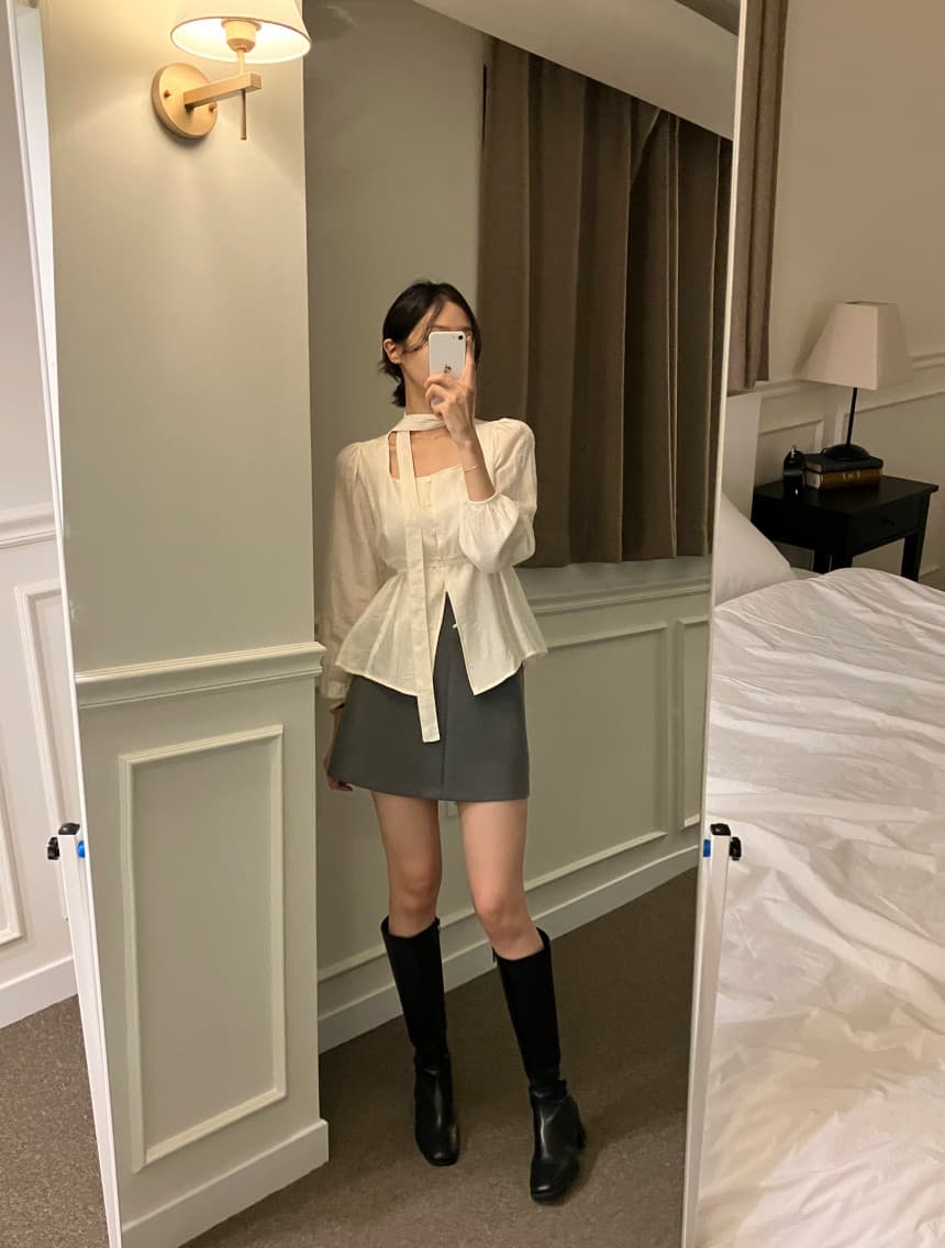 있음 선적 chic 한국 스타일 광장 칼라 싱글 줄 버튼 행침 목 리본 레이스업 긴팔 여성 셔츠 상세 이미지 18
