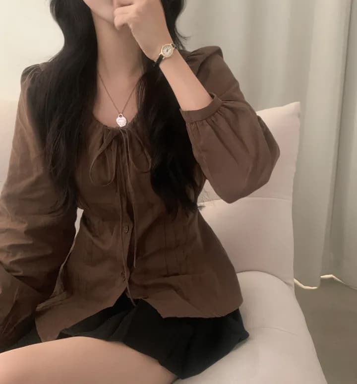 있음 선적 한국 ins 소녀 센스 나비 넥타이 허리 수축 긴팔 셔츠