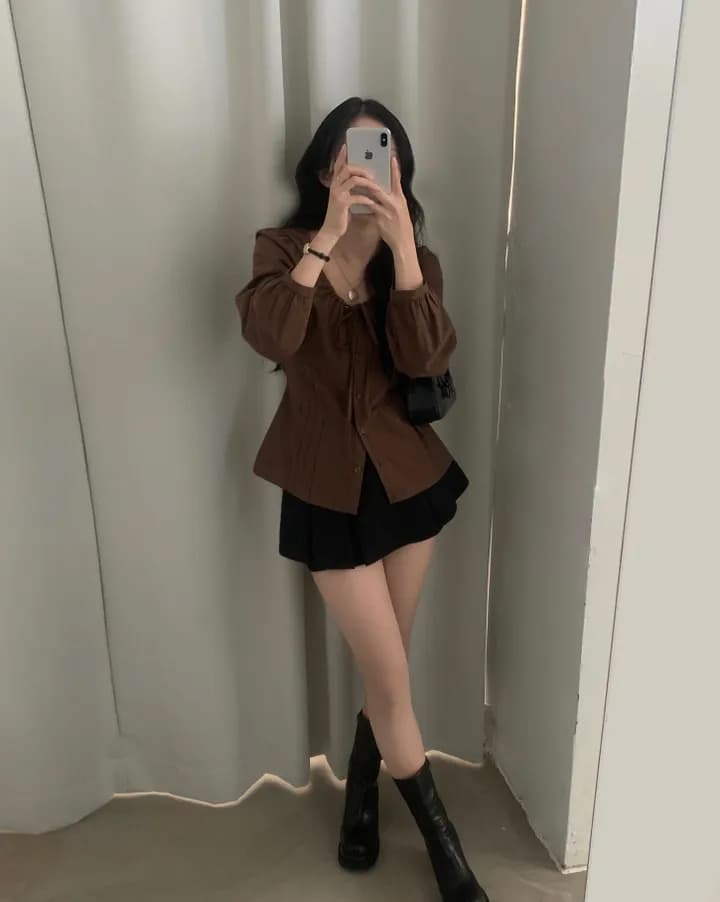 있음 선적 한국 ins 소녀 센스 나비 넥타이 허리 수축 긴팔 셔츠 상세 이미지 5