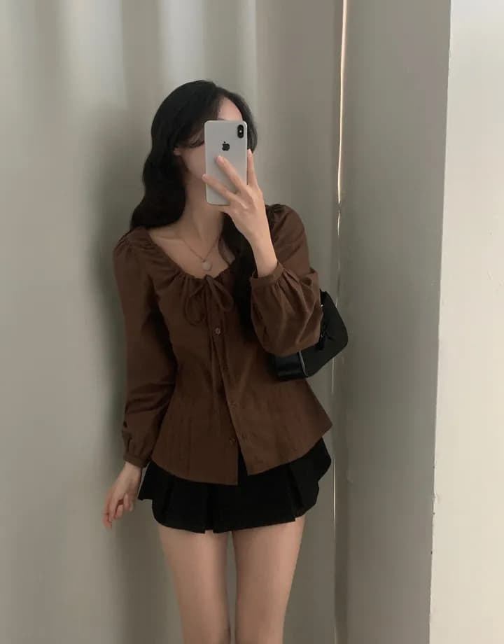 있음 선적 한국 ins 소녀 센스 나비 넥타이 허리 수축 긴팔 셔츠 상세 이미지 7