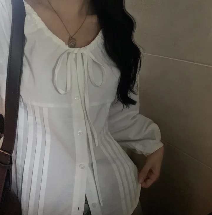 있음 선적 한국 ins 소녀 센스 나비 넥타이 허리 수축 긴팔 셔츠 상세 이미지 9