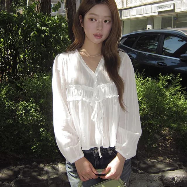 있음 선적 프랑스식 고급 센스 마이크로 ~을 통해 V넥 긴팔 여성 셔츠 레이스업 루즈핏 인형 셔츠 맨위