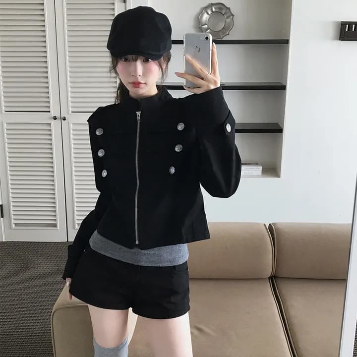 있음 선적 chic 가을 겨울 패션 새로운 레트로 스탠드 칼라 개성 단추 지퍼 짧은 외투 상세 이미지 5