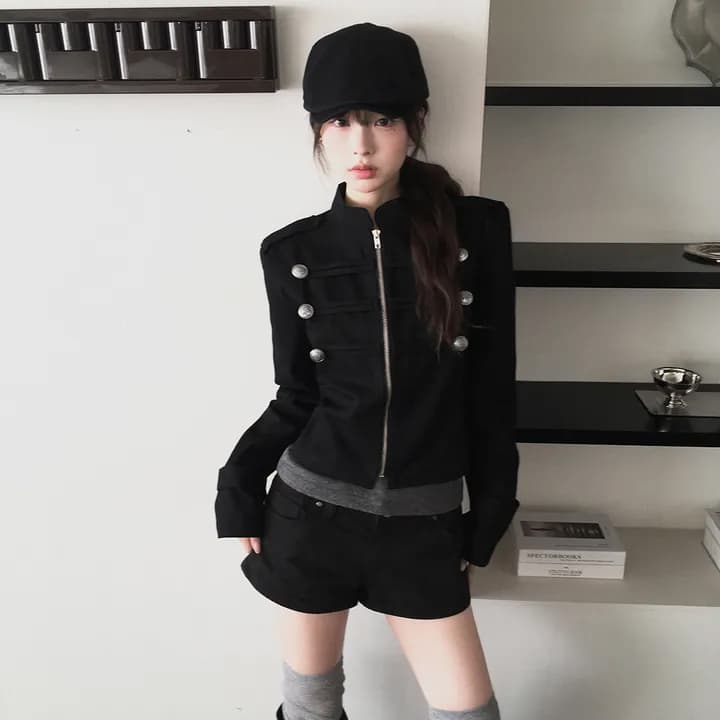 있음 선적 chic 가을 겨울 패션 새로운 레트로 스탠드 칼라 개성 단추 지퍼 짧은 외투 상세 이미지 10