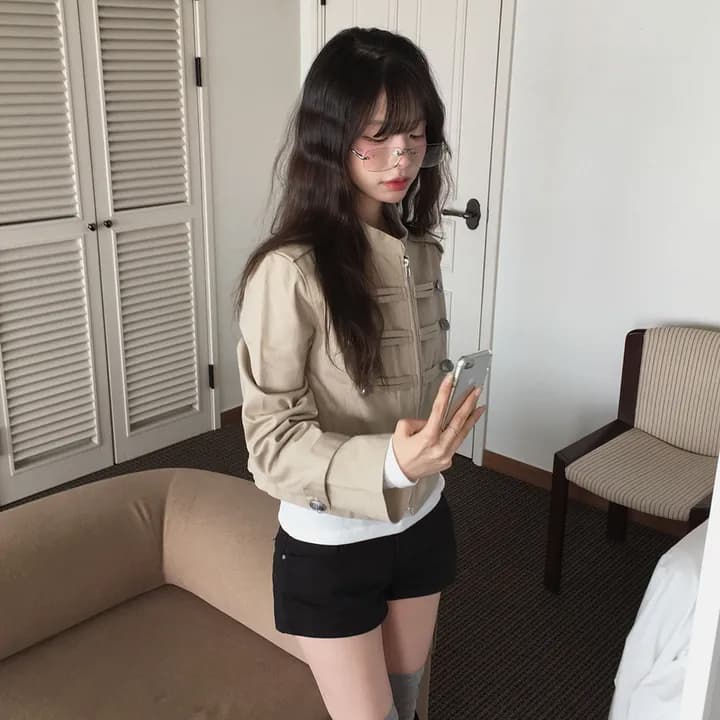 있음 선적 chic 가을 겨울 패션 새로운 레트로 스탠드 칼라 개성 단추 지퍼 짧은 외투 상세 이미지 17