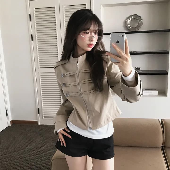 있음 선적 chic 가을 겨울 패션 새로운 레트로 스탠드 칼라 개성 단추 지퍼 짧은 외투 상세 이미지 19